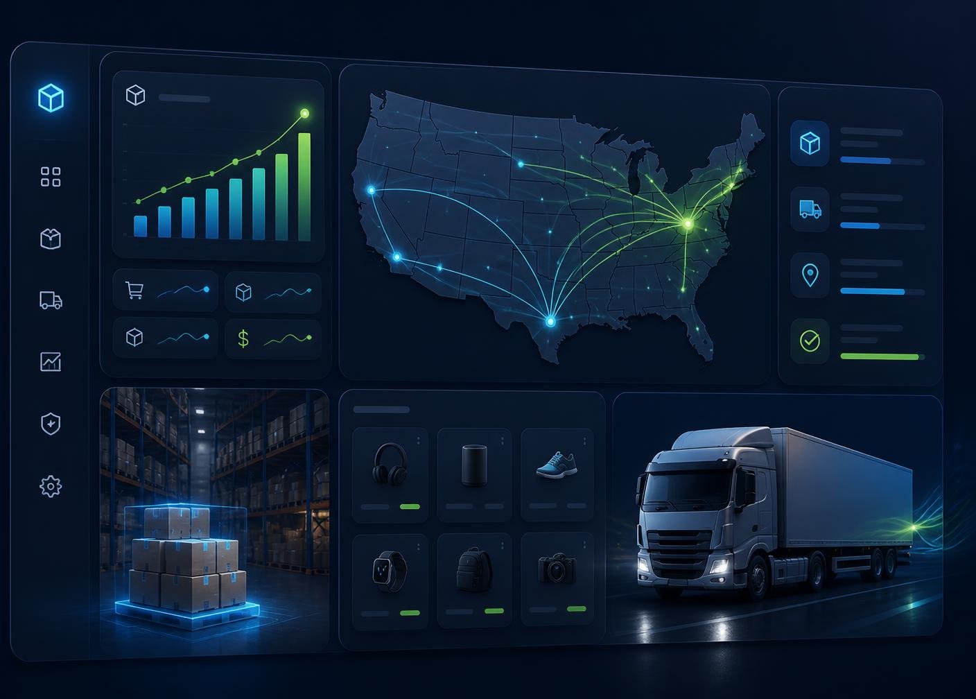 Smart GreatStore warehouse dashboard showing US shipping routes, live order analytics, and same-day fulfillment
